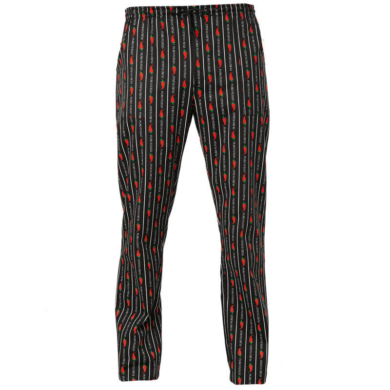 A pair of black pants with vertical stripes and red floral patterns, featuring an elastic waistband. Atene Pants - Image 1