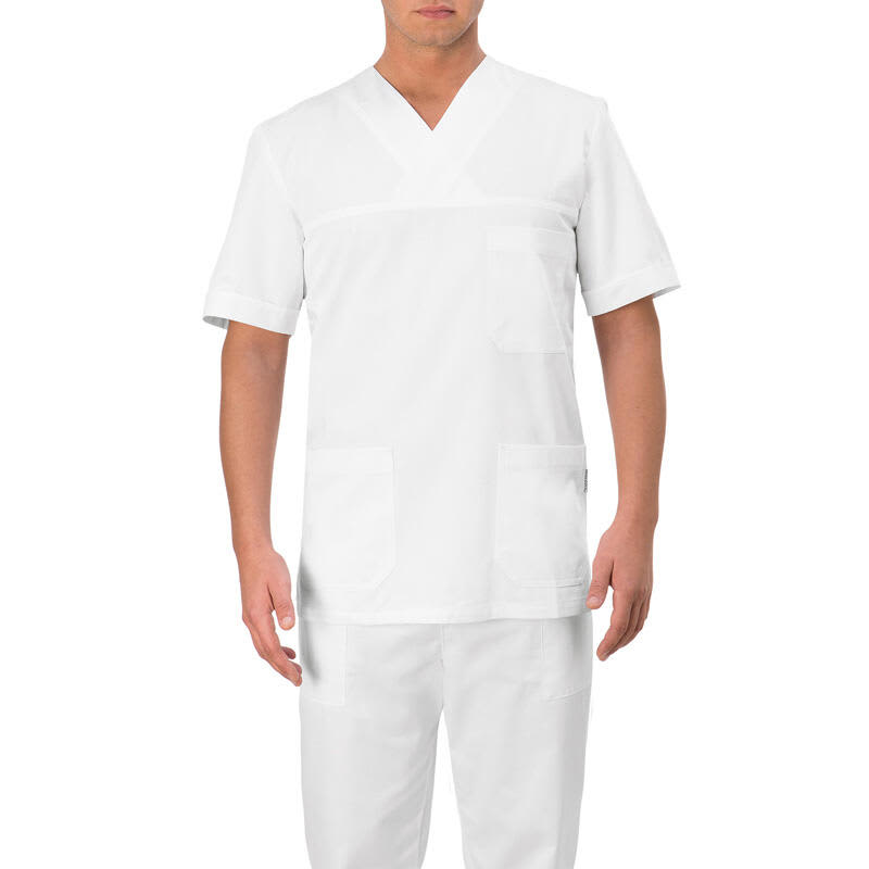 A white tunic with short sleeves, featuring two front pockets and a V-neck design. It includes a logo on the chest. Alberto Tunic - Image 1