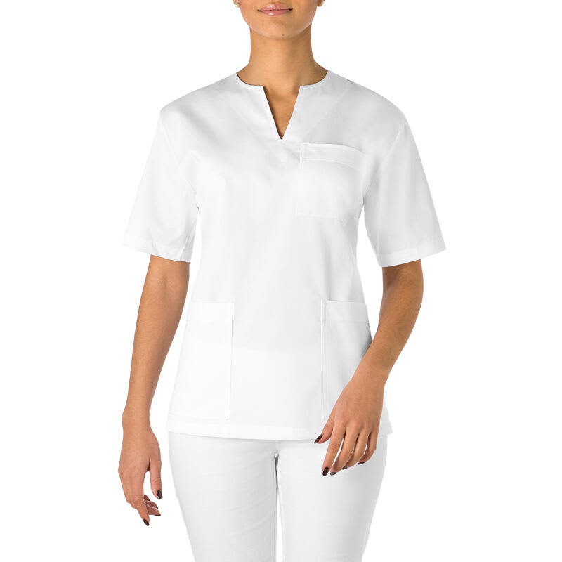 A white tunic featuring short sleeves and a pocket, designed for professional wear. Margherita Tunic - Image 1