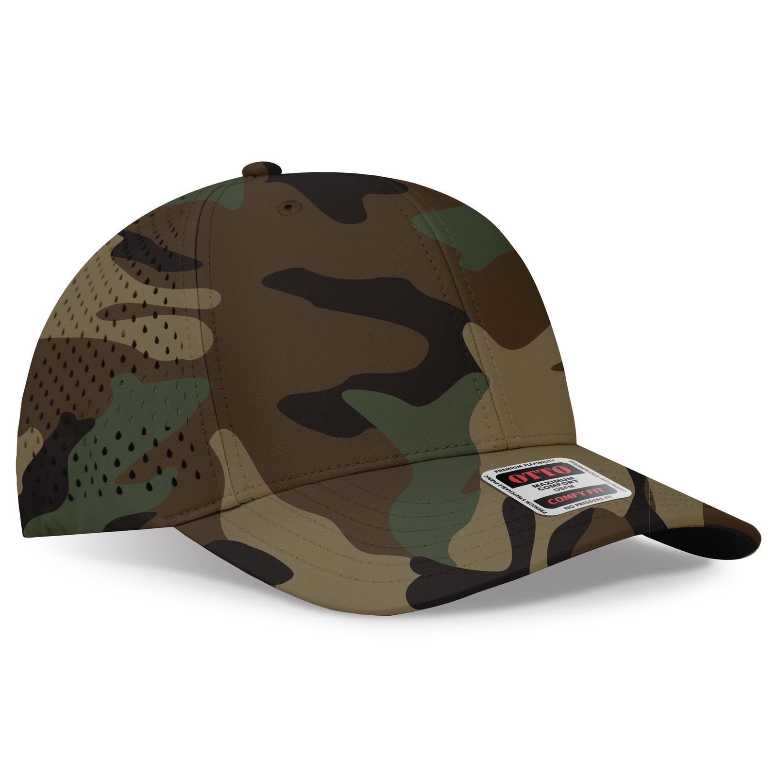 A camouflage perforated baseball cap with a mid-profile design and an adjustable fit, featuring a logo. 6 Panel Mid Profile Perforated Baseball Cap - Image 1