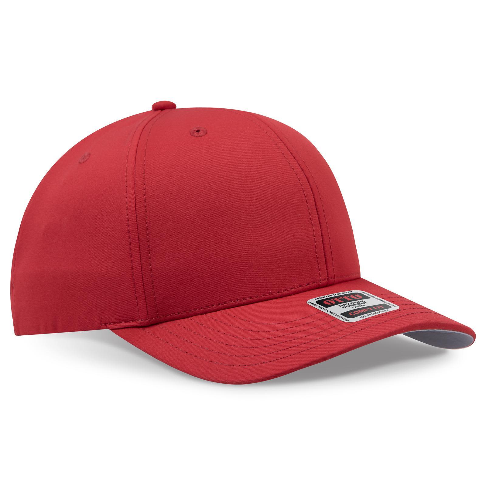 A red 6 panel mid-profile baseball cap with a curved peak and a logo on the front. 6 Panel Mid Profile Baseball Cap - Image 1