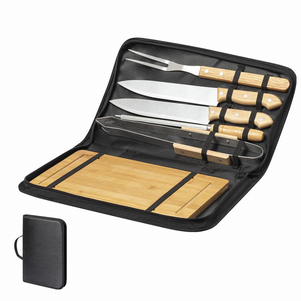 A portable barbecuing set featuring stainless steel utensils and a bamboo cutting board, all enclosed in a black case. Craxton - Image 1