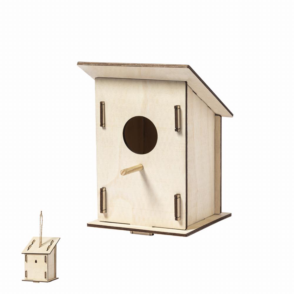A wooden birdhouse in natural colour with a round entrance and removable base, featuring hanging hardware. Pecker - Image 1