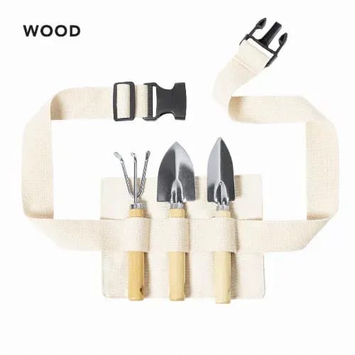 A gardening tool set featuring three metal tools with wooden handles, attached to a fabric belt. Maurix - Image 1