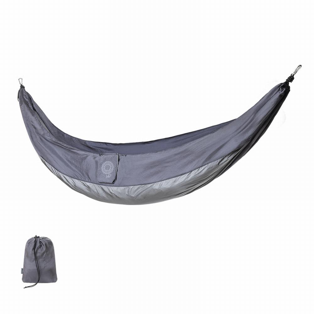 A grey camping hammock is displayed, along with a matching storage pouch. The hammock features a logo. Camping - Image 1