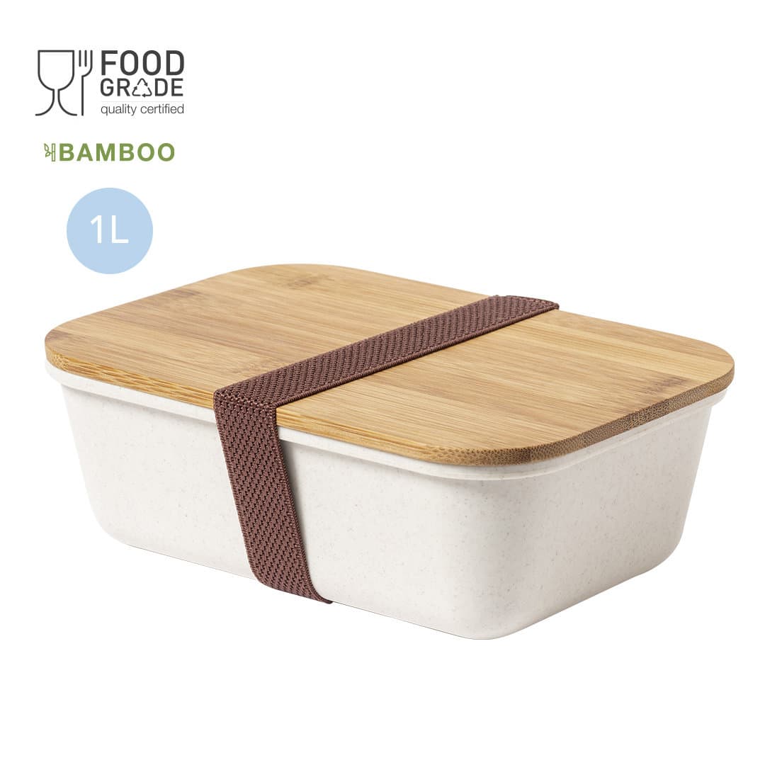 A food container with a bamboo lid, featuring a cream body and a brown elastic band. Holds 1 litre. Thadan - Image 1