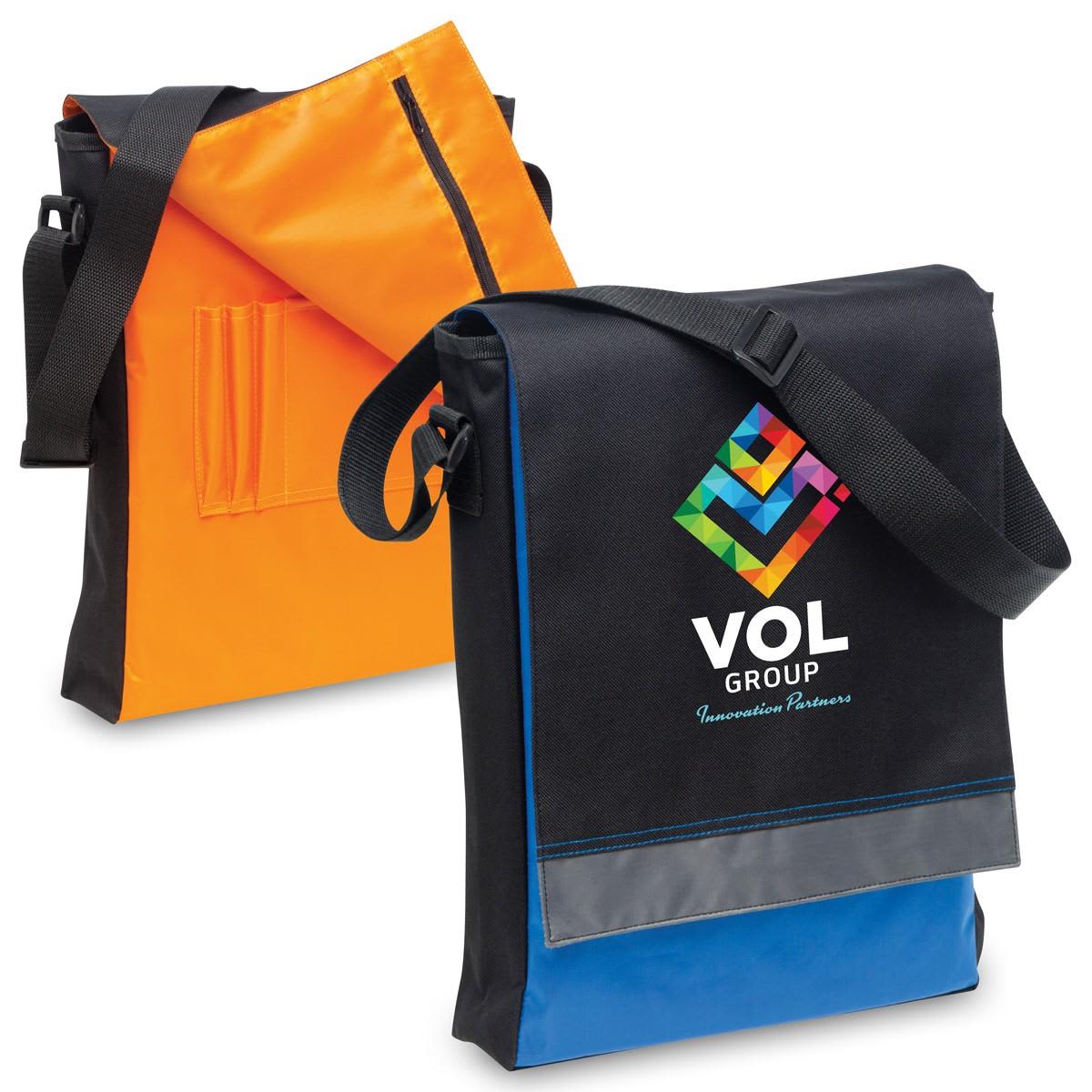 A black and orange satchel with a shoulder strap, featuring pockets and a logo. Vertical Leading Edge Satchel - Image 1