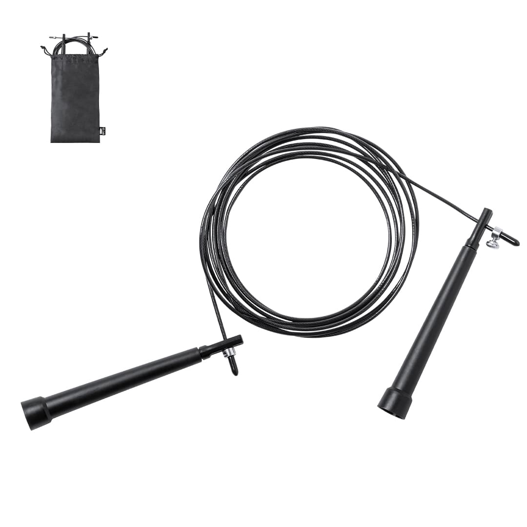 A black skipping rope with black handles and a carry pouch. The rope is coiled and ready for use. Lakex Skipping Rope - Image 1