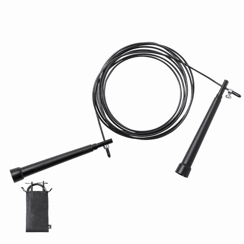 A jump rope with black handles and a coiled black cable, accompanied by a small black carrying bag. Lakex - Image 1