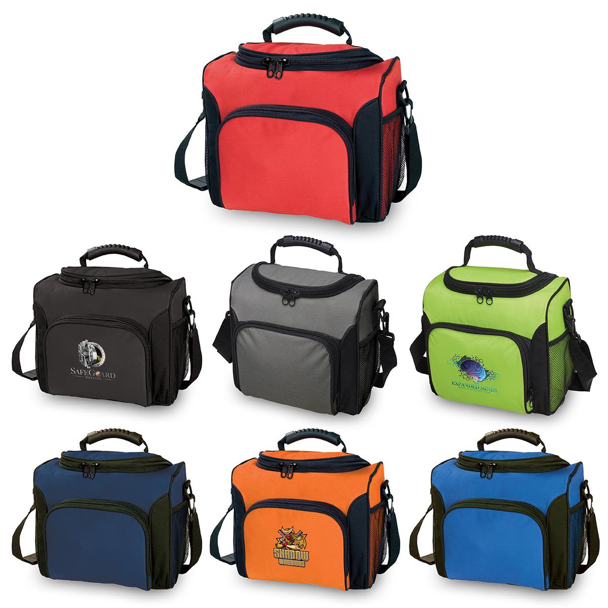 A collection of cooler bags in red, black, grey, green, blue, and orange, featuring various logos and designs. UltiMate Cooler - Image 1