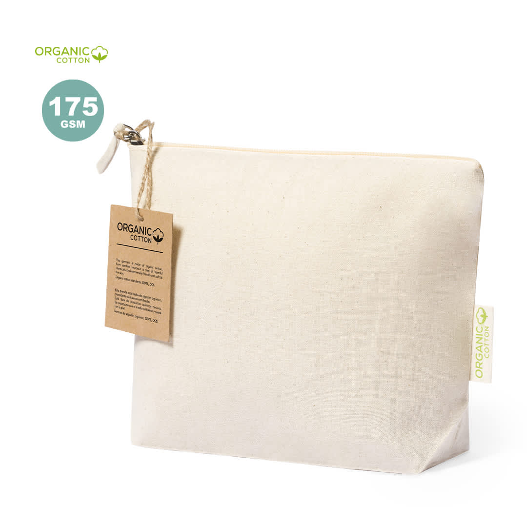 A cream-coloured toiletry bag made of organic cotton, featuring a zip closure and a tag. Boyan Beauty Bag - Image 1