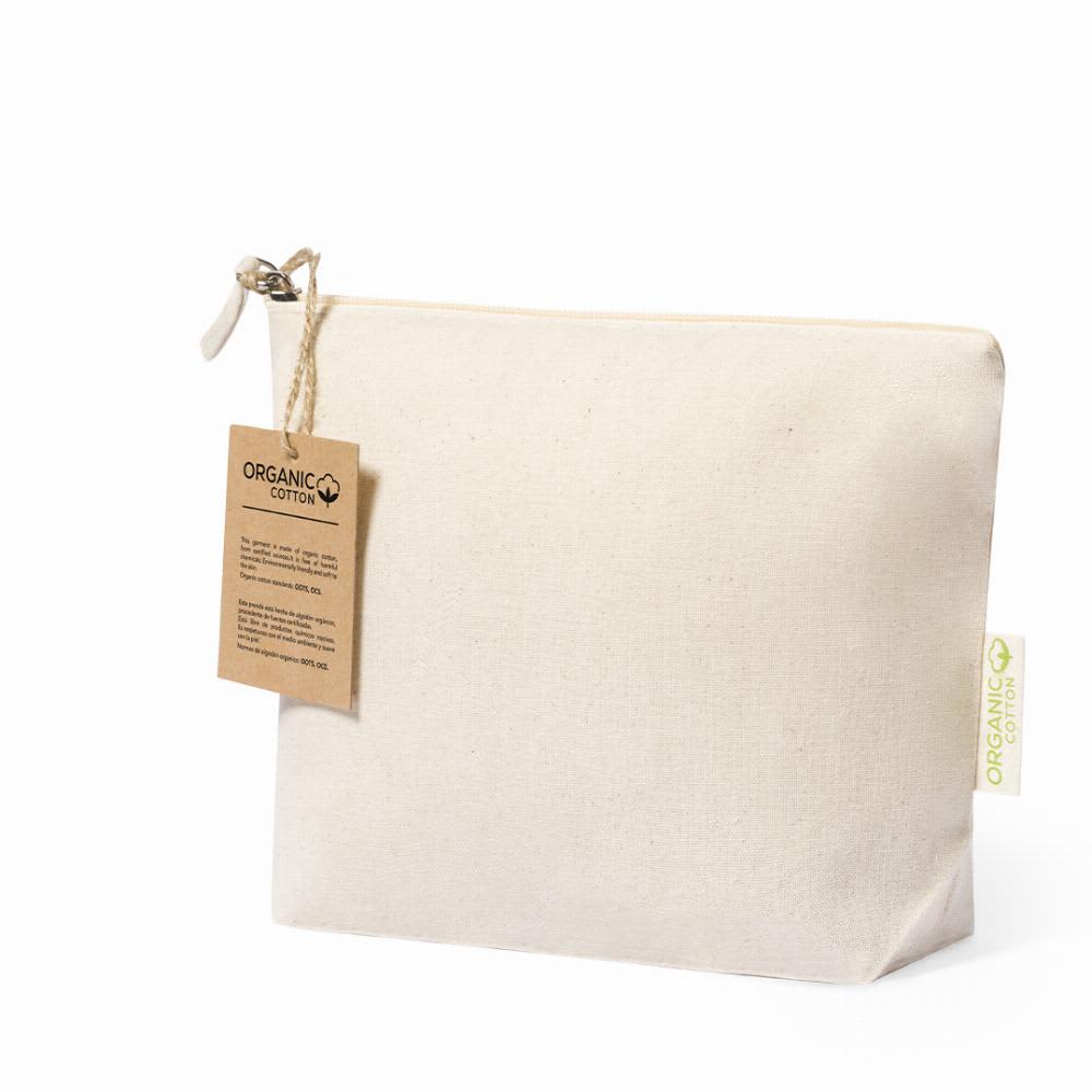 A natural cotton pouch with a zipper, featuring a tag indicating it is made from organic cotton. Boyan - Image 1