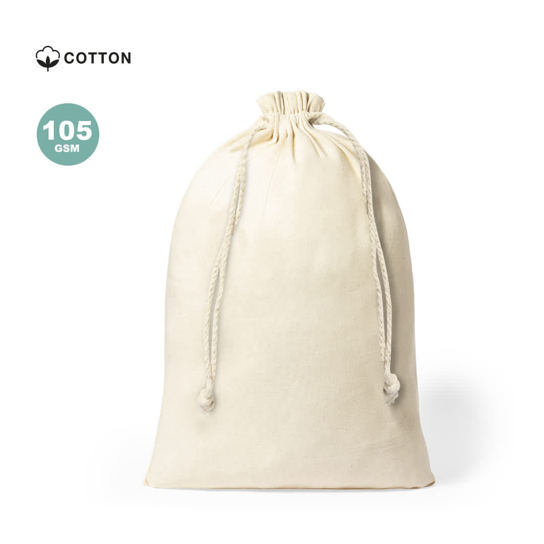 A cream drawstring bag made of cotton with a gathered top and two drawstrings. It features a logo. Miley Bag - Image 1