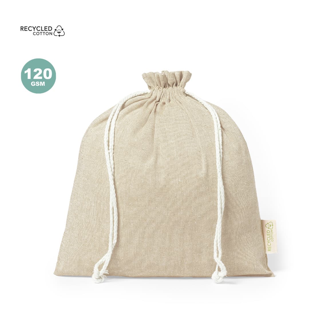 A beige drawstring bag made from recycled cotton with a white cord closure and a small logo. Murfix Bag - Image 1