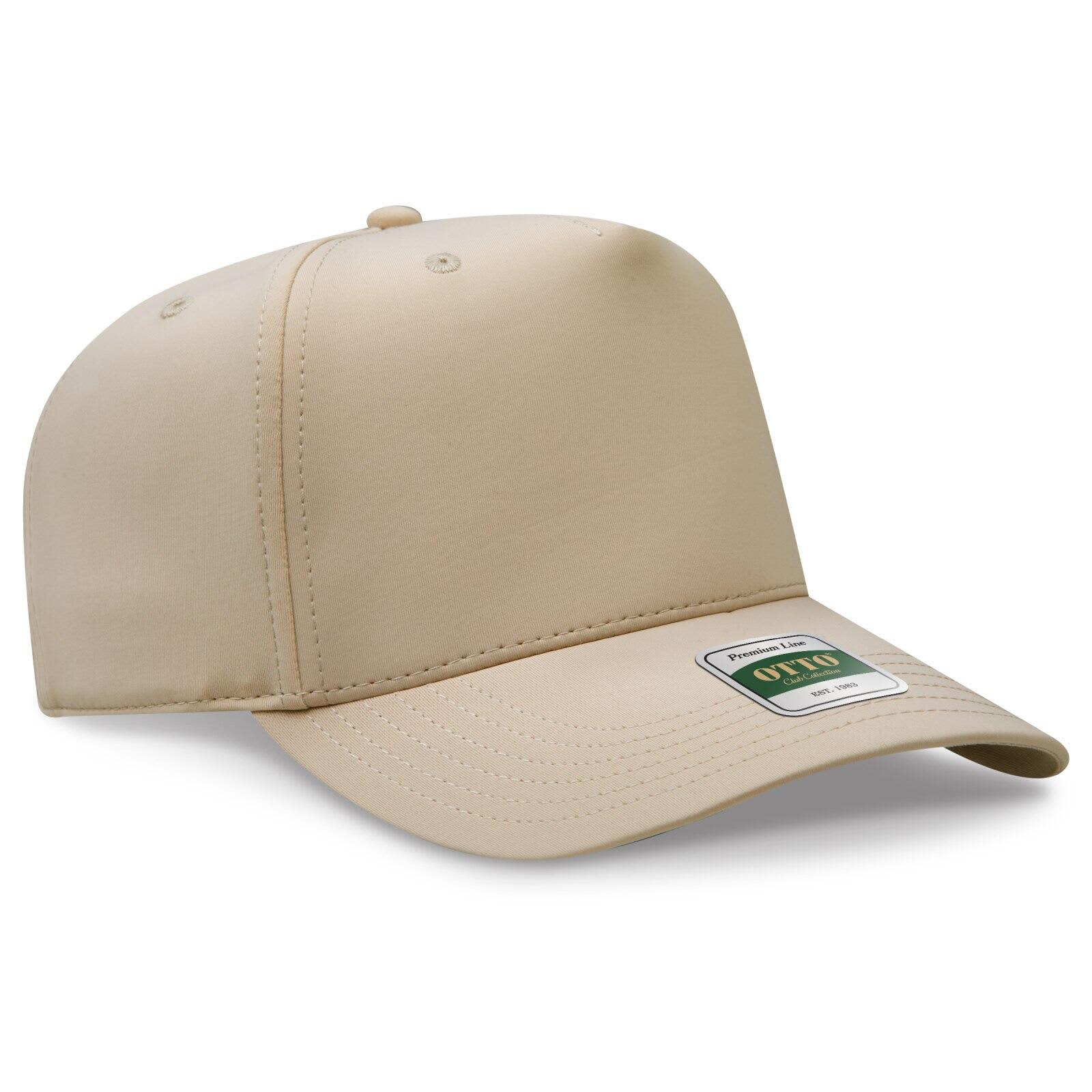 A beige five-panel cap with a structured design and a logo on the front. Club Collection 5 Panel Pro Style Cap - Image 1