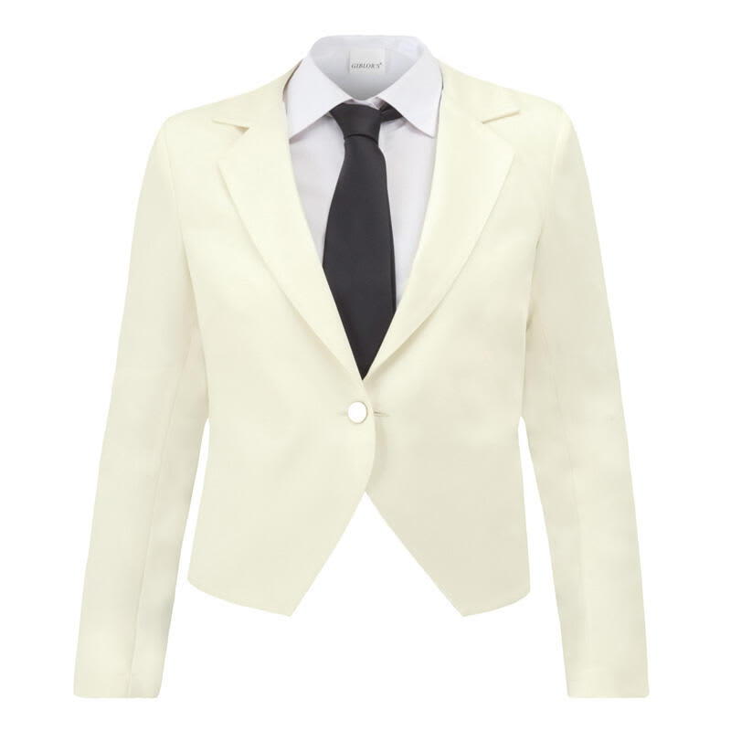 A cream Ilenia Waist Jacket displayed with an attached shirt and black tie. The jacket features a single button. Ilenia Waist Jacket - Image 1