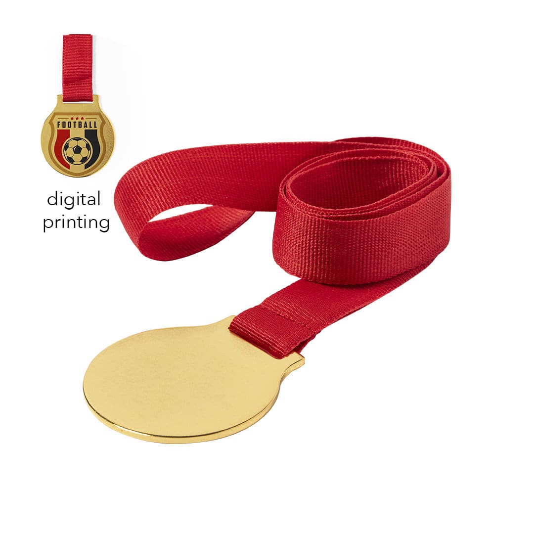 A gold medal with a red ribbon, featuring a smooth surface and a simplistic design, accompanied by a logo. Maclein - Image 1