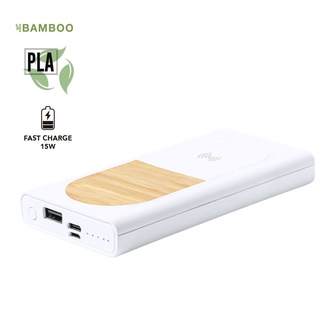 A white power bank with a bamboo panel and a logo, featuring USB ports and wireless charging capability. Ditte Power Bank - Image 1