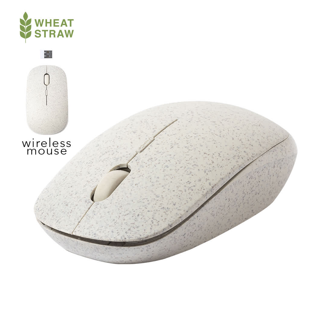 A wireless mouse in a light beige colour made from wheat straw, featuring a logo and a compact design. Estiky Mouse - Image 1