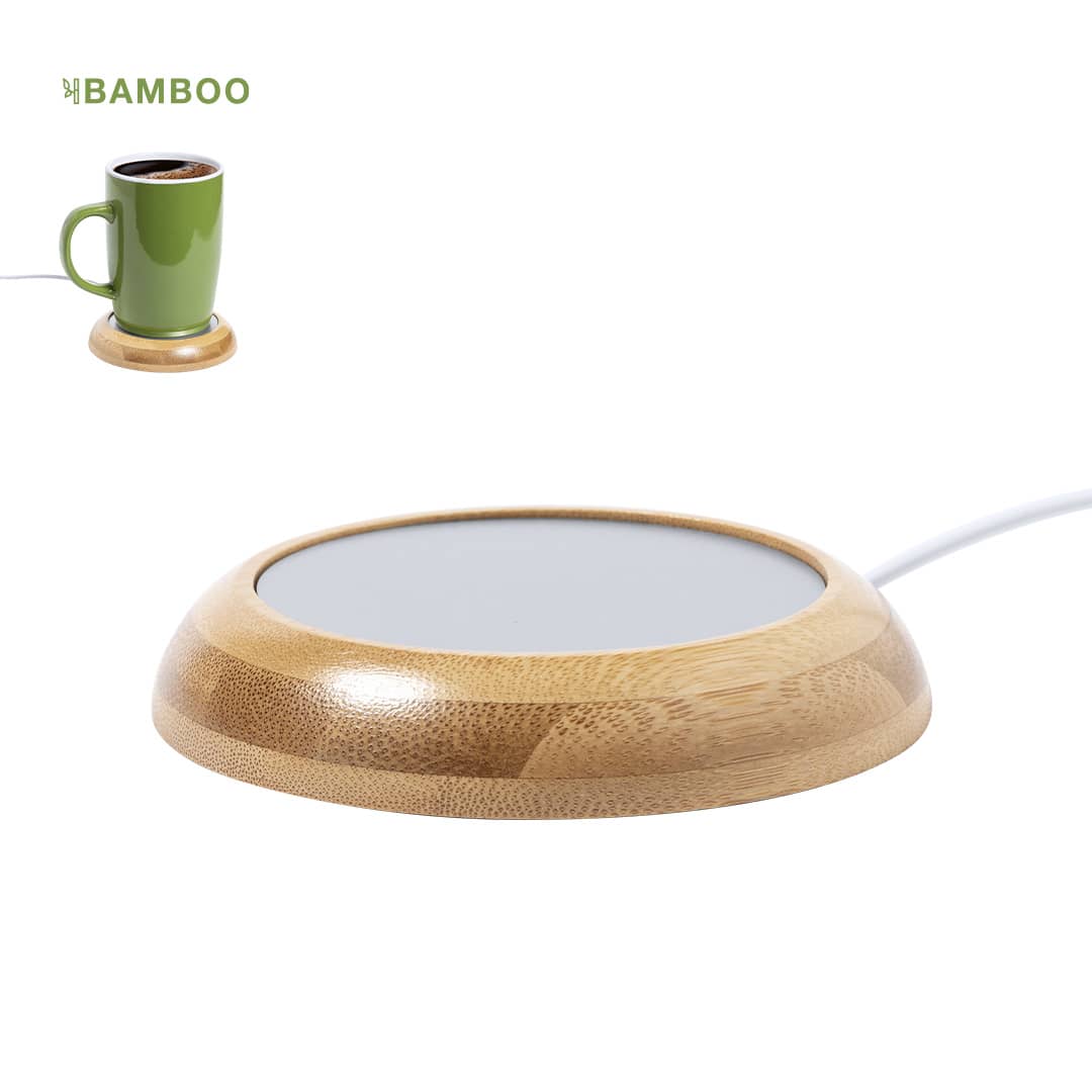 A bamboo cup warmer in a circular design, featuring a smooth surface and a power cord for easy use. Ligrant Cup Warmer - Image 1