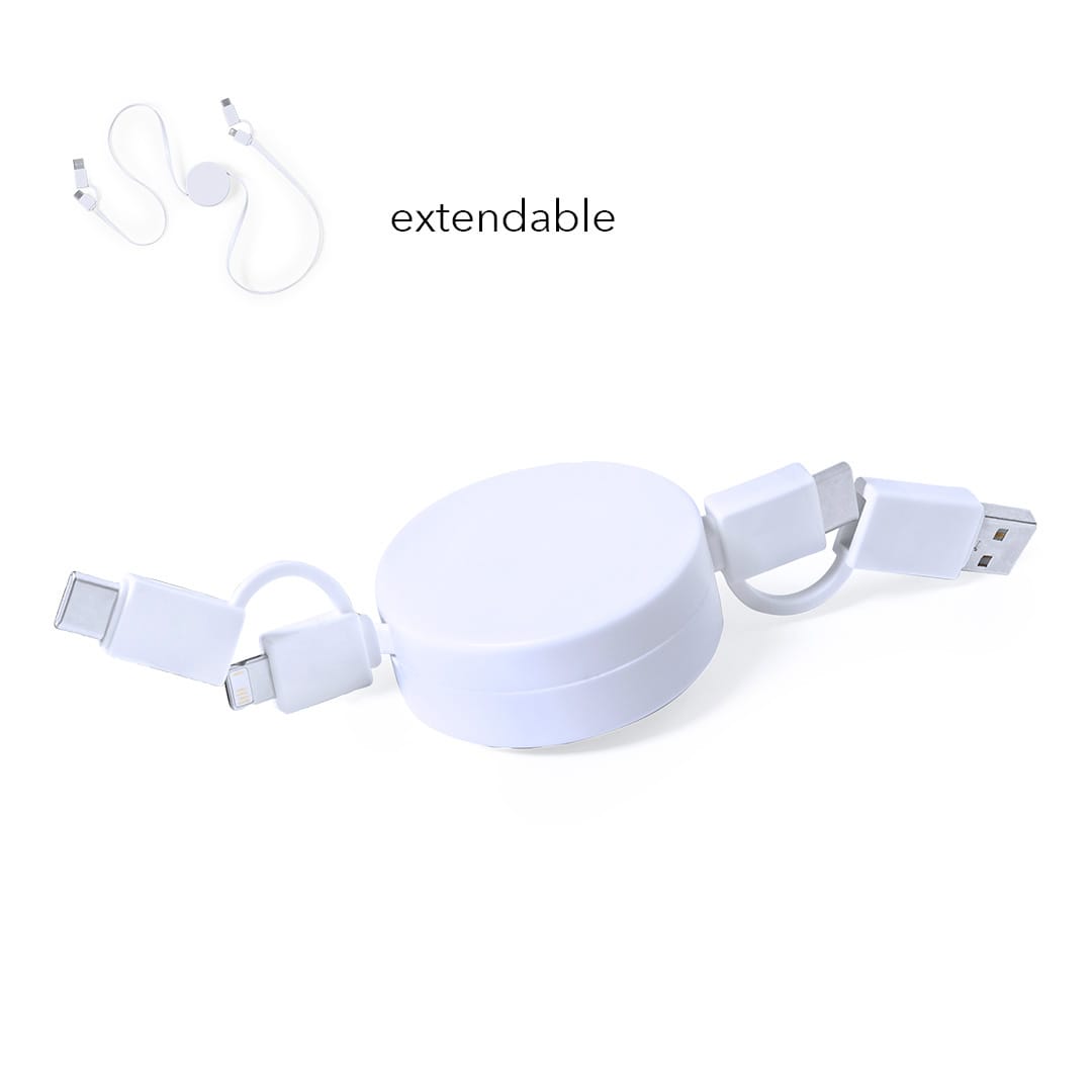 A white extendable charging cable featuring multiple connectors and a round retractable design. Kiotex Charging Cable - Image 1