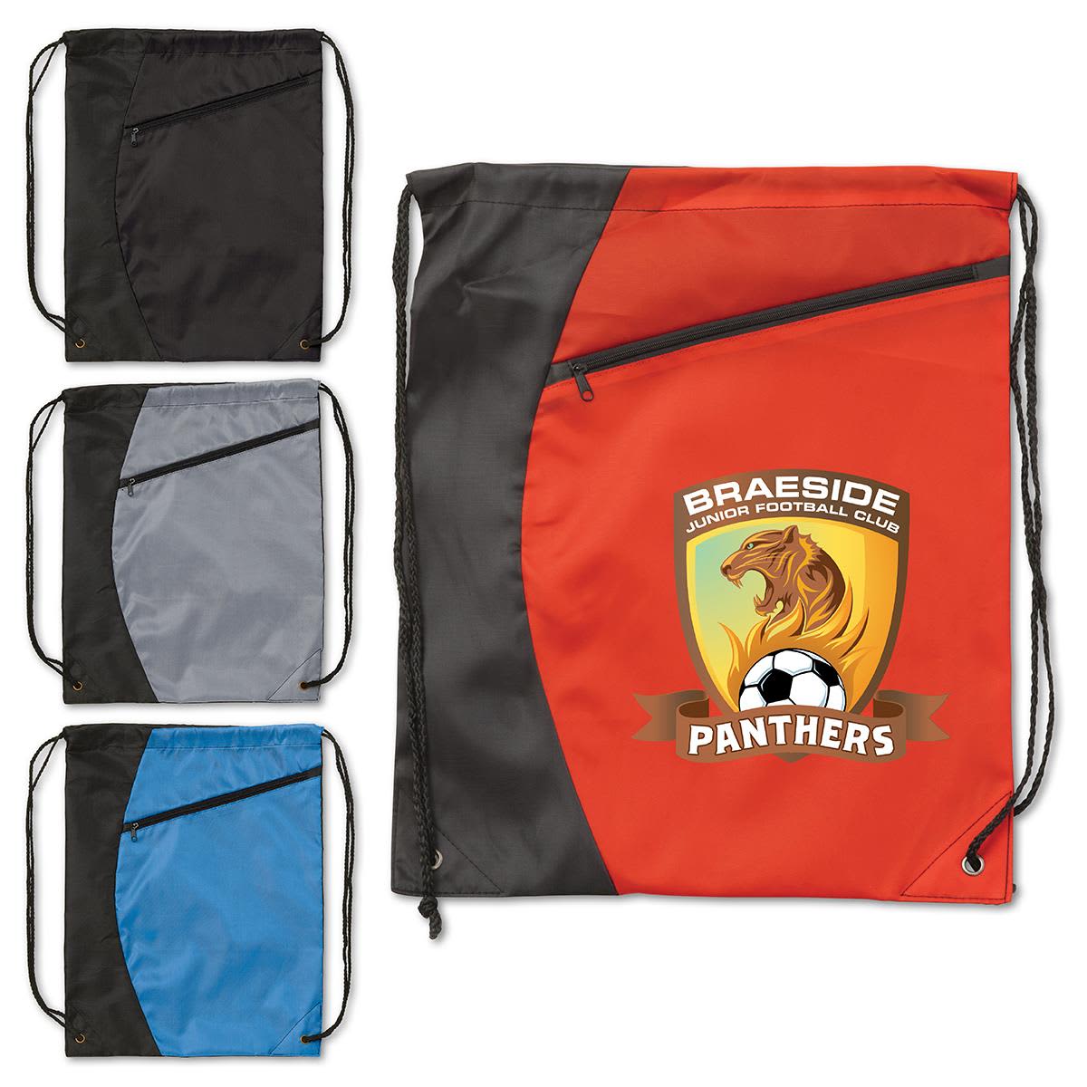 A drawstring bag in black, grey, light blue, and orange, featuring a logo on the orange variant. Icon Backsack - Image 1