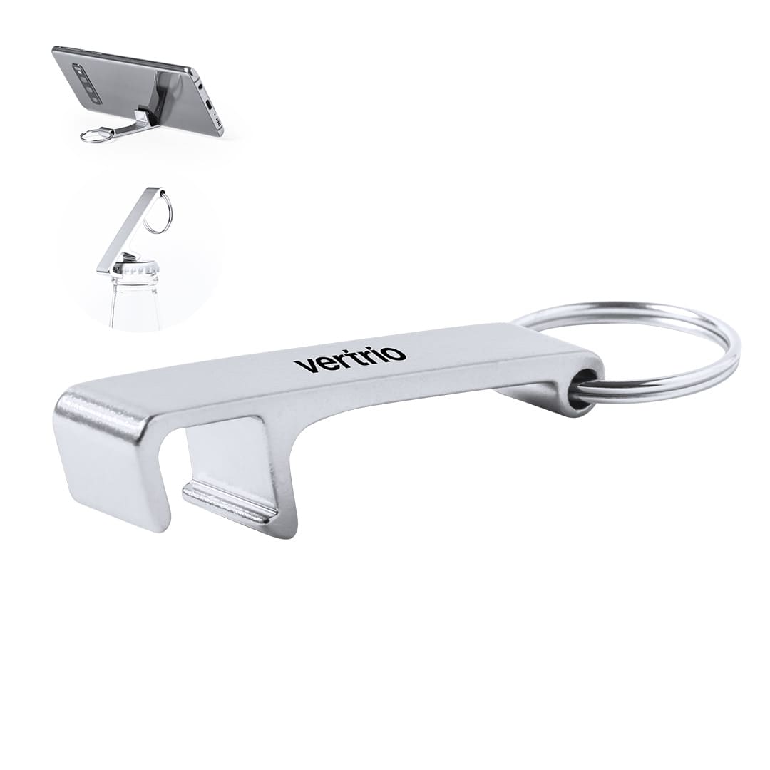 A silver multifunction keyring with a keychain attachment and a openings for bottle caps and phone stands. Delfis Multifunction Keyring - Image 1