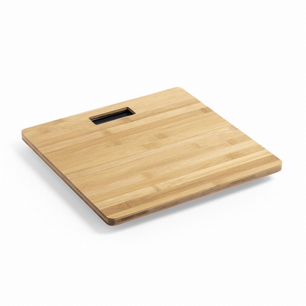 A bamboo chopping board with a square shape and a cut-out handle. It features a natural wood finish. Berry - Image 1