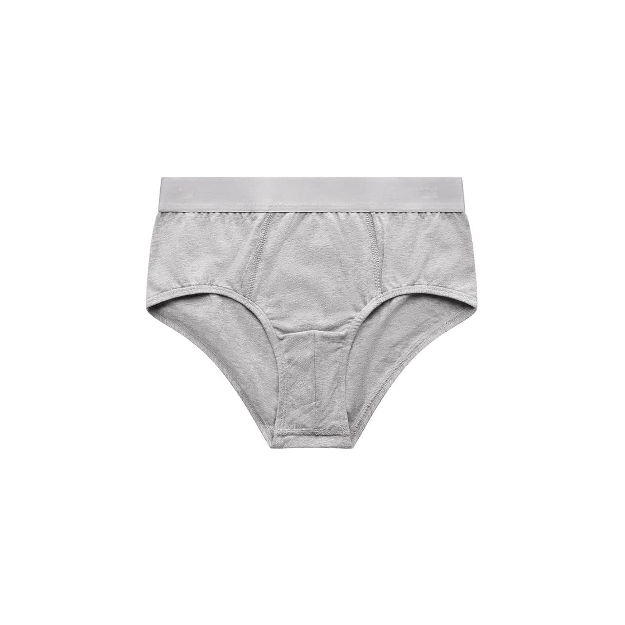 A pair of grey Y-Front Briefs with a contrasting waistband, featuring a logo. Briefs - Image 1
