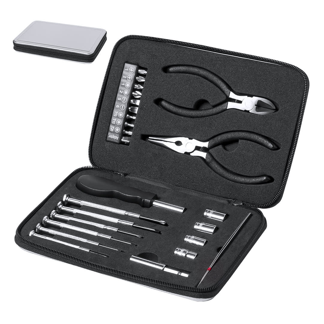 A tool set in a black case featuring pliers, various screwdrivers, and sockets, with a compact storage tin. Ambery Tool Set - Image 1