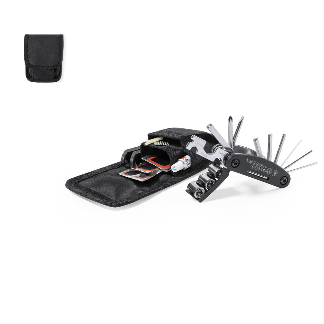 A black bike repair kit with a variety of tools, including wrenches and screwdrivers, in a compact case. Gerald Bike Repair Kit - Image 1