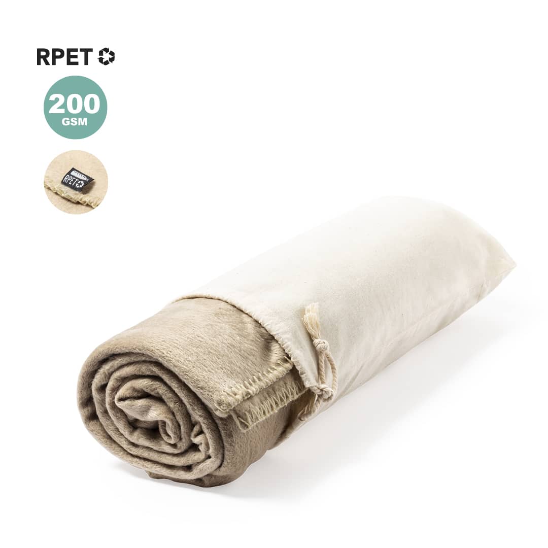 A rolled-up blanket in beige and cream, featuring a logo and made from 200 GSM material. Bibbly Blanket - Image 1