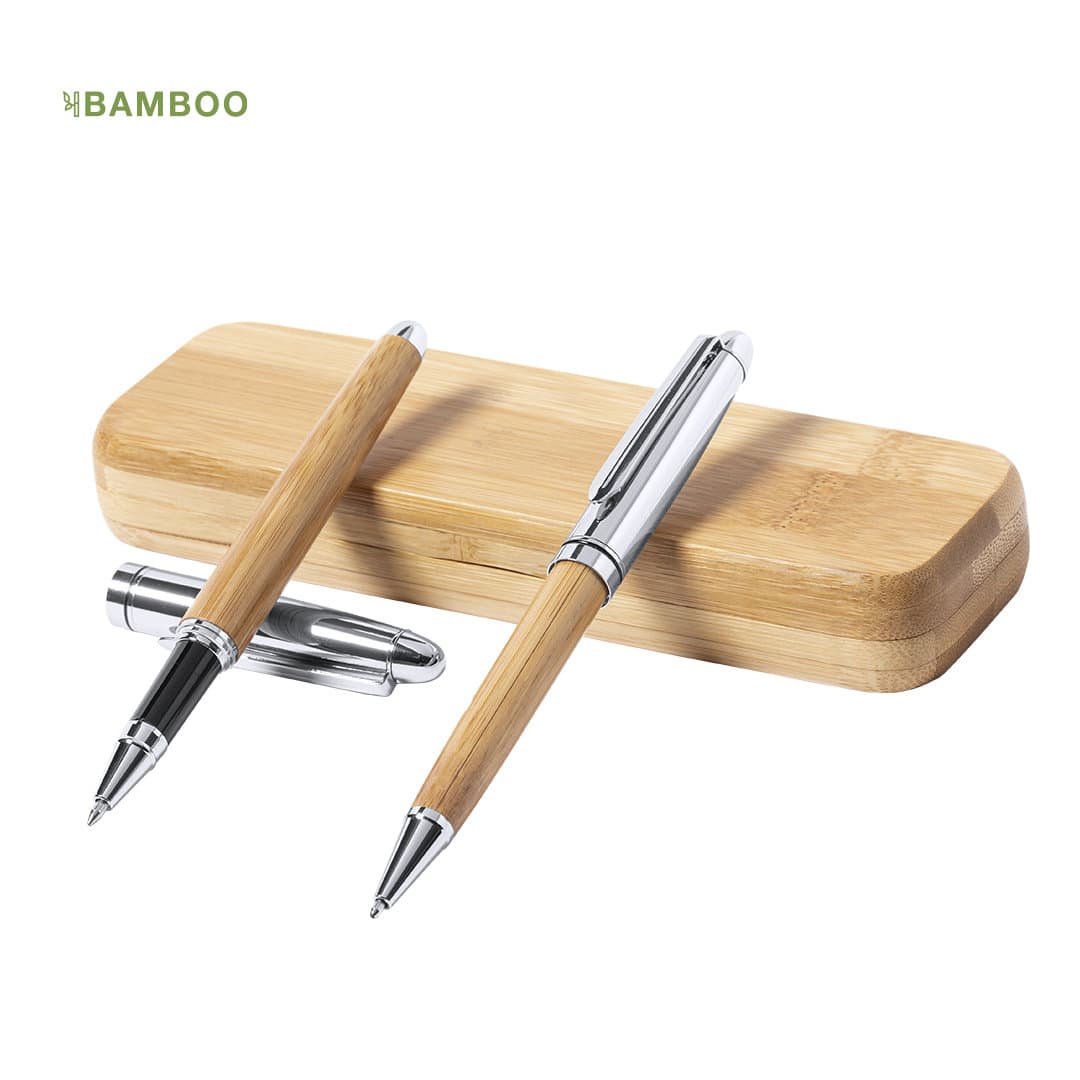 A bamboo pen set featuring two pens with silver accents, presented on a matching bamboo box. Notium Set - Image 1