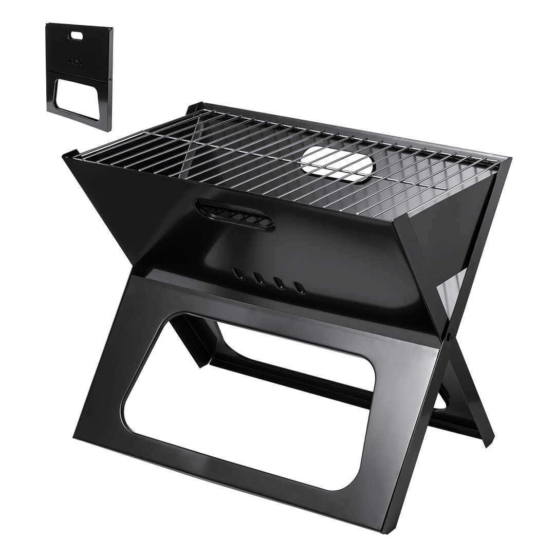 A black portable barbecue grill with a grate, featuring a foldable design for easy storage and transport. Hermut Barbecue - Image 1