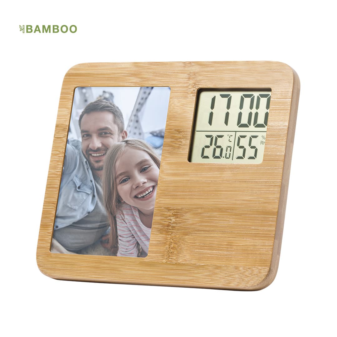 A bamboo photo frame weather station featuring a digital display for time and temperature, with a space for a photo. Krent Photo Frame Weather Station - Image 1