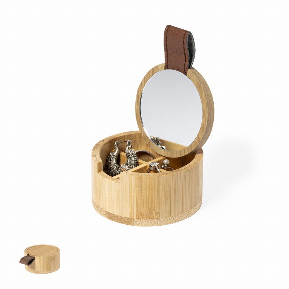 A circular bamboo jewellery box with a mirror and compartments for storage. It features a brown leather handle. Fontana - Image 1