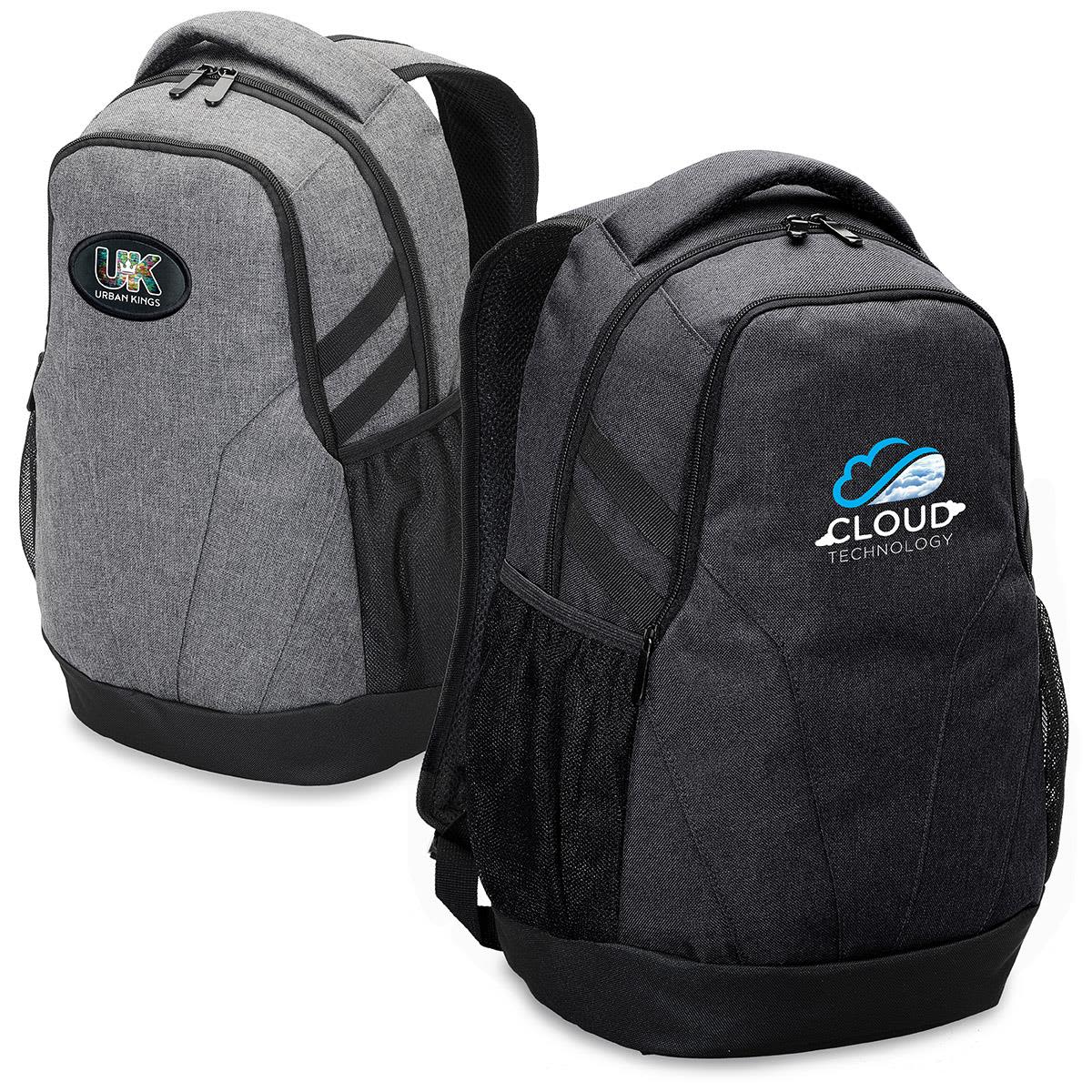 A grey laptop backpack with black accents, featuring two different logos on each side and mesh side pockets. Enterprise Laptop Backpack - Image 1
