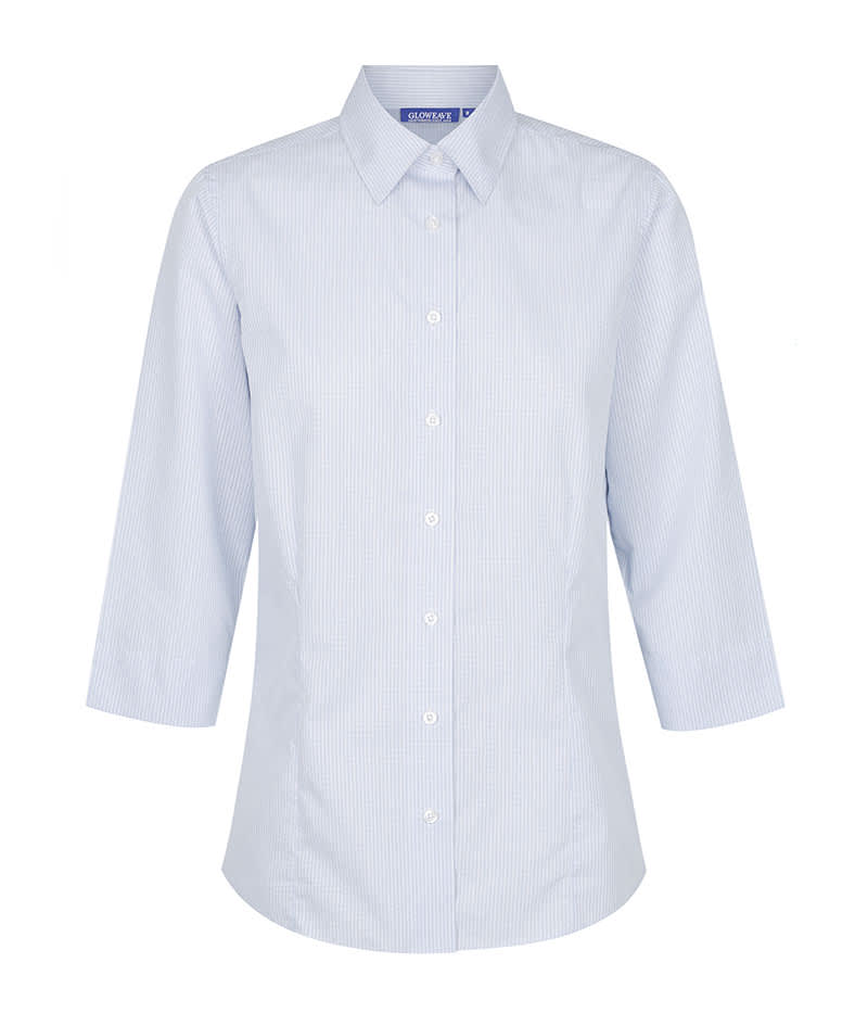 A light blue, striped women's shirt with three-quarter sleeves and a collar, featuring a logo on the label. Guildford Square - Image 1