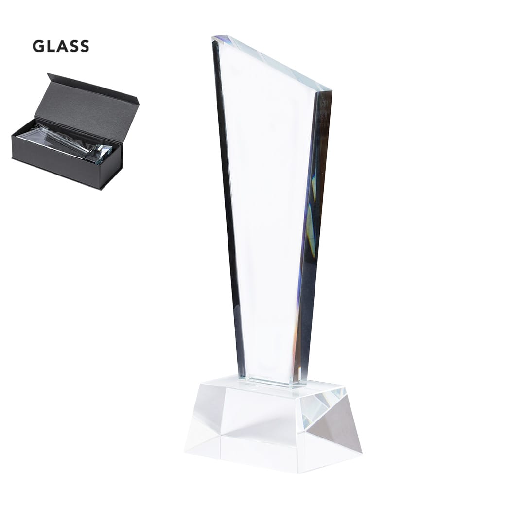 A glass trophy with a sleek, angular design, placed on a clear base, presented in a black box. Lanton Trophy - Image 1