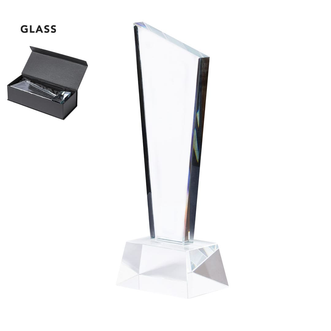 A glass trophy with a sleek design, displayed beside its black gift box. It features a clear, reflective surface. Lanton - Image 1