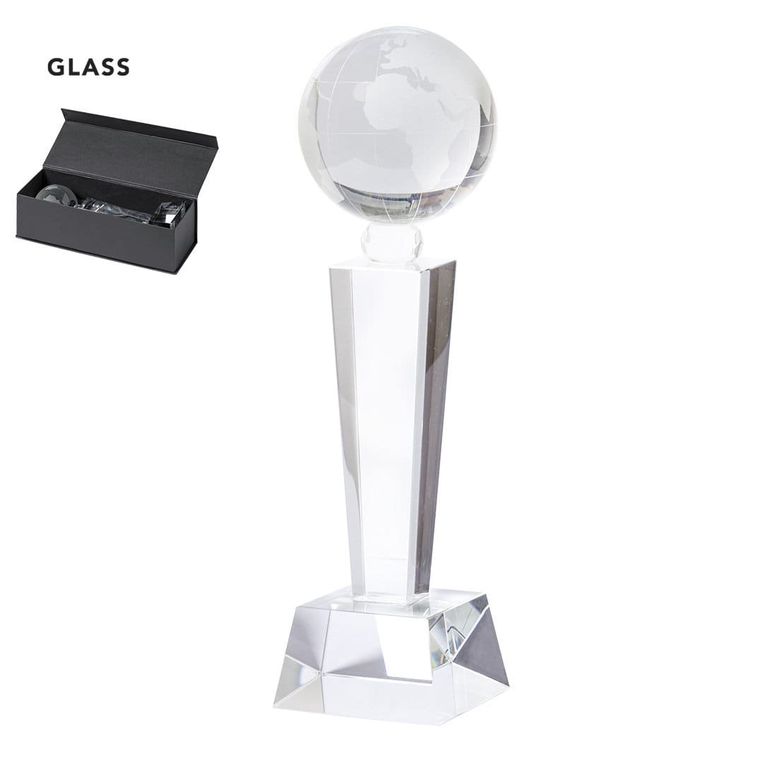 A clear glass trophy featuring a globe on top, presented in a sleek black box. Nigrum Trophy - Image 1