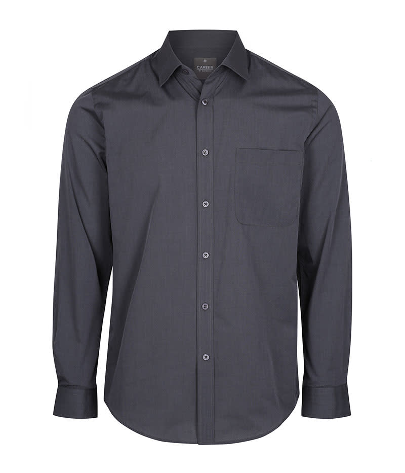 A dark grey button-up shirt with long sleeves and a single chest pocket. The shirt features a logo. Smith - Image 1
