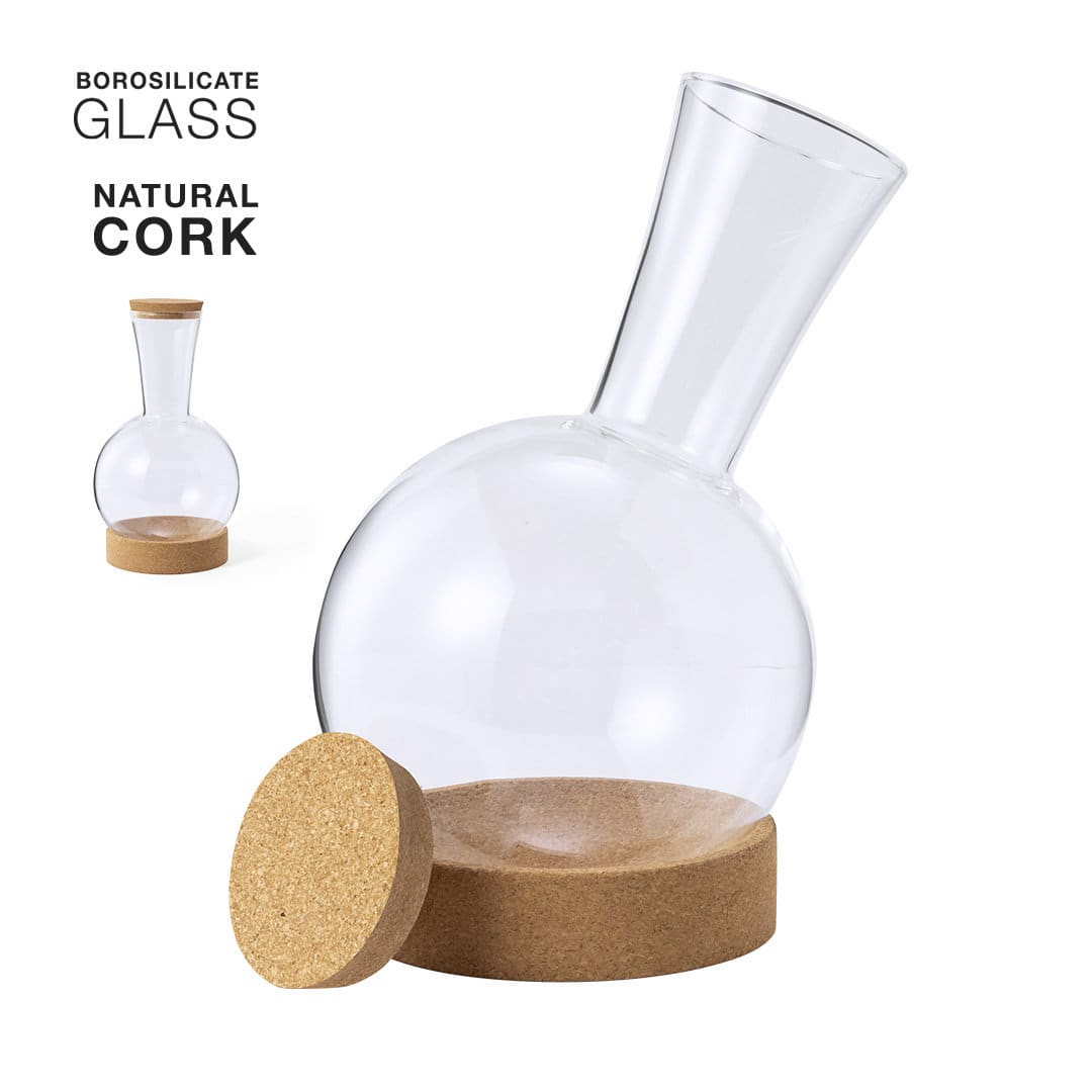 A clear glass drink bottle with a natural cork base and a tapered neck. Features a minimalist design with a cork accent. Seirten - Image 1