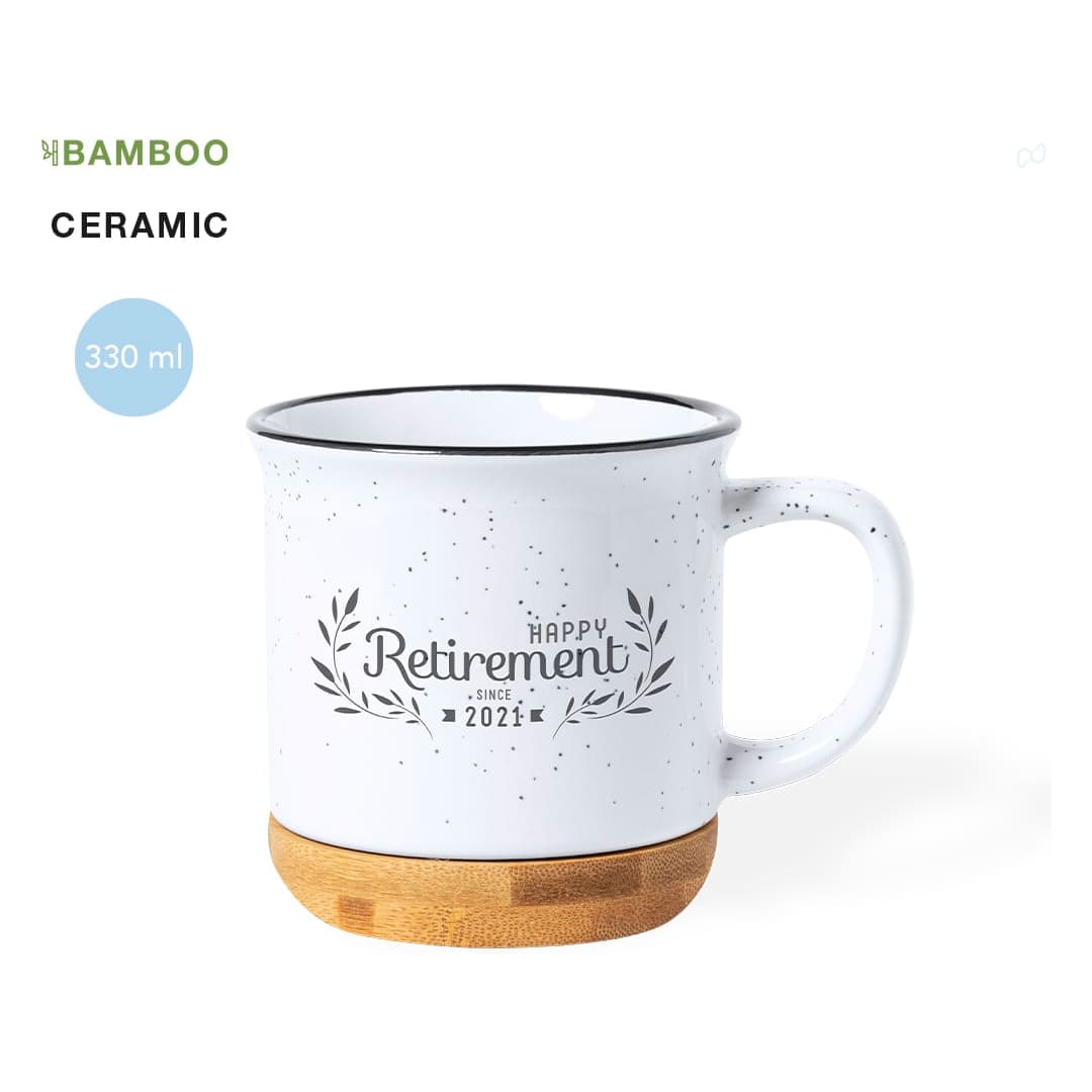A ceramic mug in white with a speckled design and a bamboo base, featuring a logo or branding. Holds 330 ml. Larray Mug - Image 1