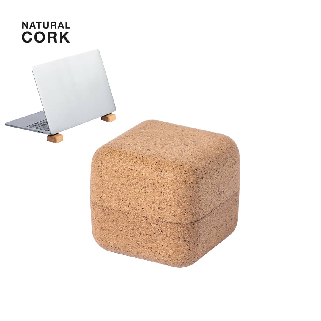 A natural cork phone holder with a square design, next to a silver laptop on wooden stands. Priot Holder - Image 1