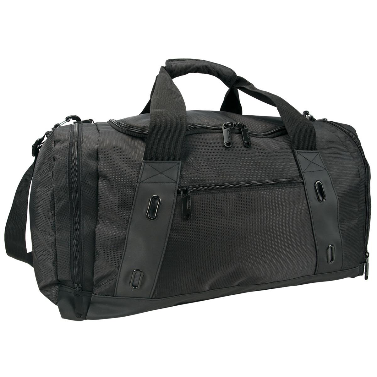 A black duffle bag featuring multiple zippered compartments and a shoulder strap, with a logo on the side. Fortress Duffle - Image 1