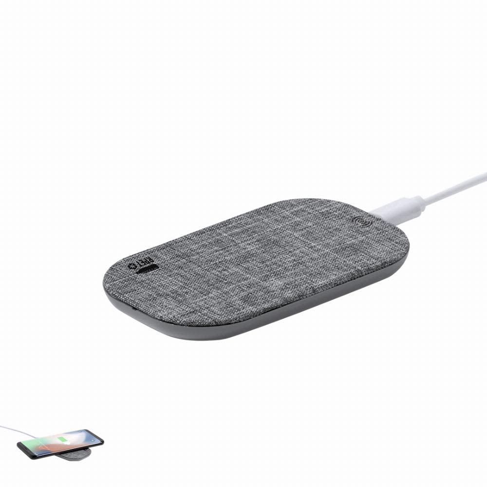 A wireless charger with a textured grey surface and a white charging cable, featuring a logo. Yeik - Image 1