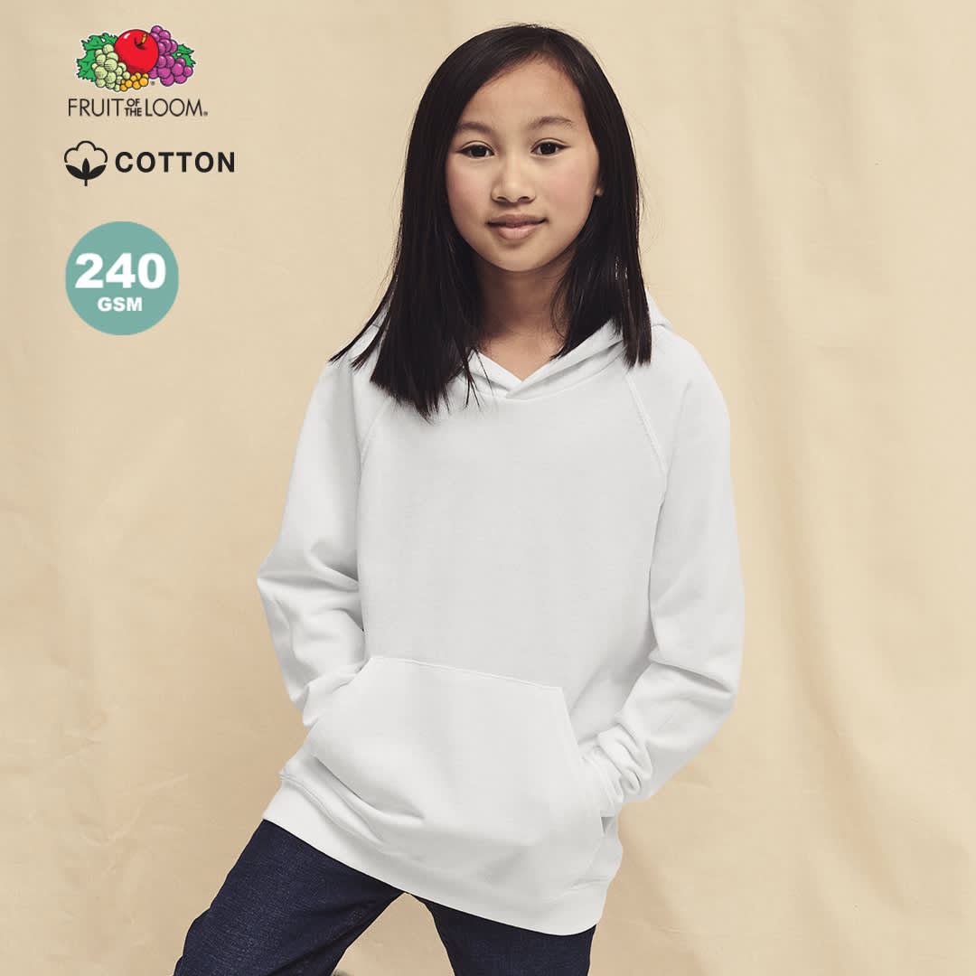 A lightweight hooded kids' sweatshirt in white, featuring a front pocket and a branded logo. Lightweight Hooded S Kids Sweatshirt - Image 1