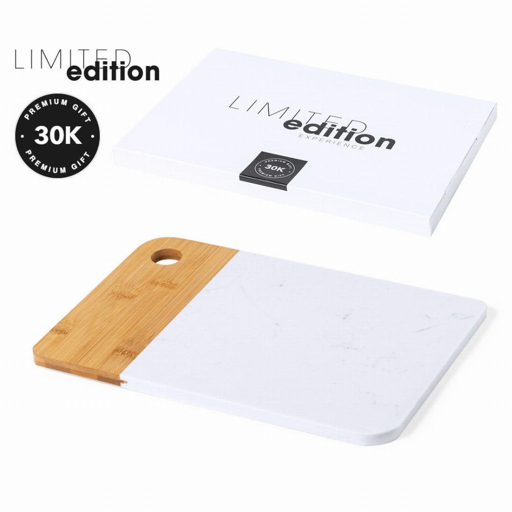 A bamboo and marble cutting board in a box, featuring a white and natural wood design. Includes a logo. Dooku - Image 1