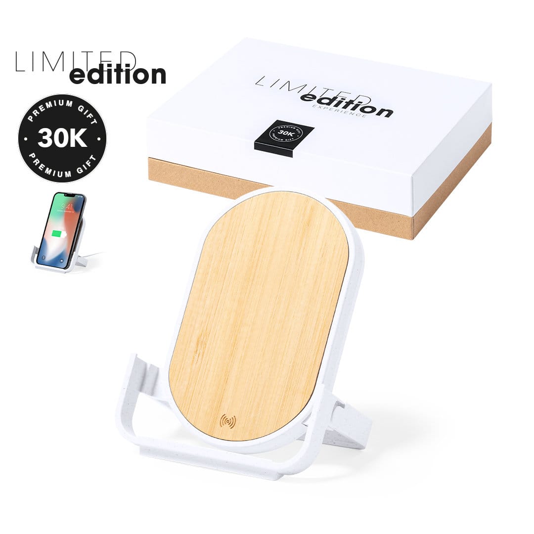 A wireless charger with a bamboo surface and a white stand, presented in a premium gift box. Buisson - Image 1